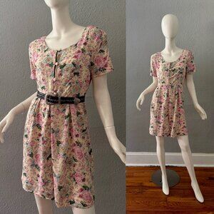 Vintage 90s Yellow Floral Babydoll Rayon Cottagecore Tap Pants Romper L